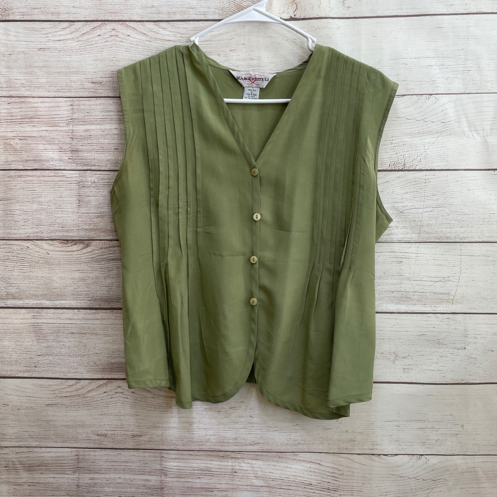 VINTAGE MARGUERITE LI 100% SILK SLEEVELESS TOP IN GREEN